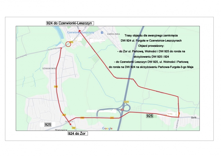 mapa z trasami objazdu dla awaryjnego zamknięcia DW 924 w Czerwionce-Leszczynach