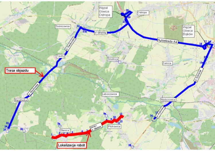mapa zamkniętej dla ruchu tranzytowego DW 921 od Stanicy do Pilchowic