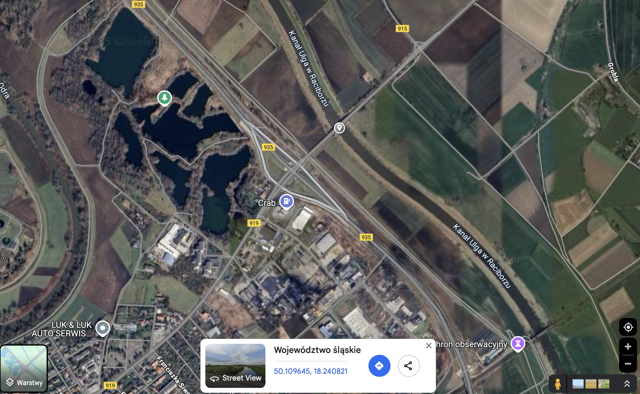 Lokalizacja mostu na Kanale Ulga w Raciborzu, w ciągu DW 919